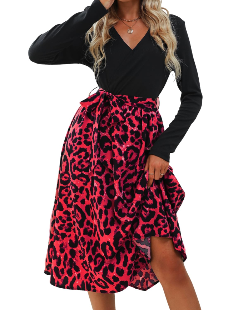 Marissa Abito Midi Donna – Vestito Leopardato con Scollo a V, Cintura e Maniche Lunghe
