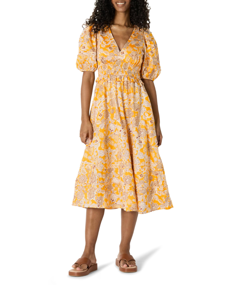 Phoebe Abito Midi Femme – Robe en Satin de Coton avec Manches Bouffantes et Col en V