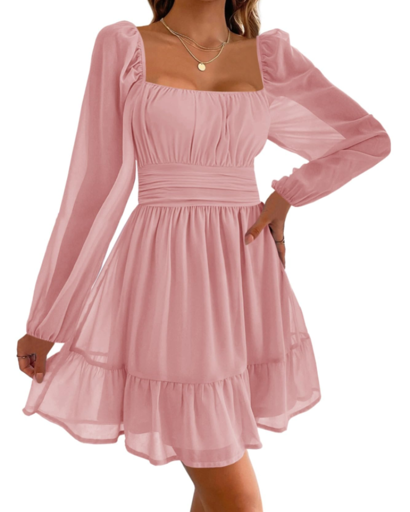 Robe de soirée pour femme Madeline – encolure carrée, manches en tulle et volants