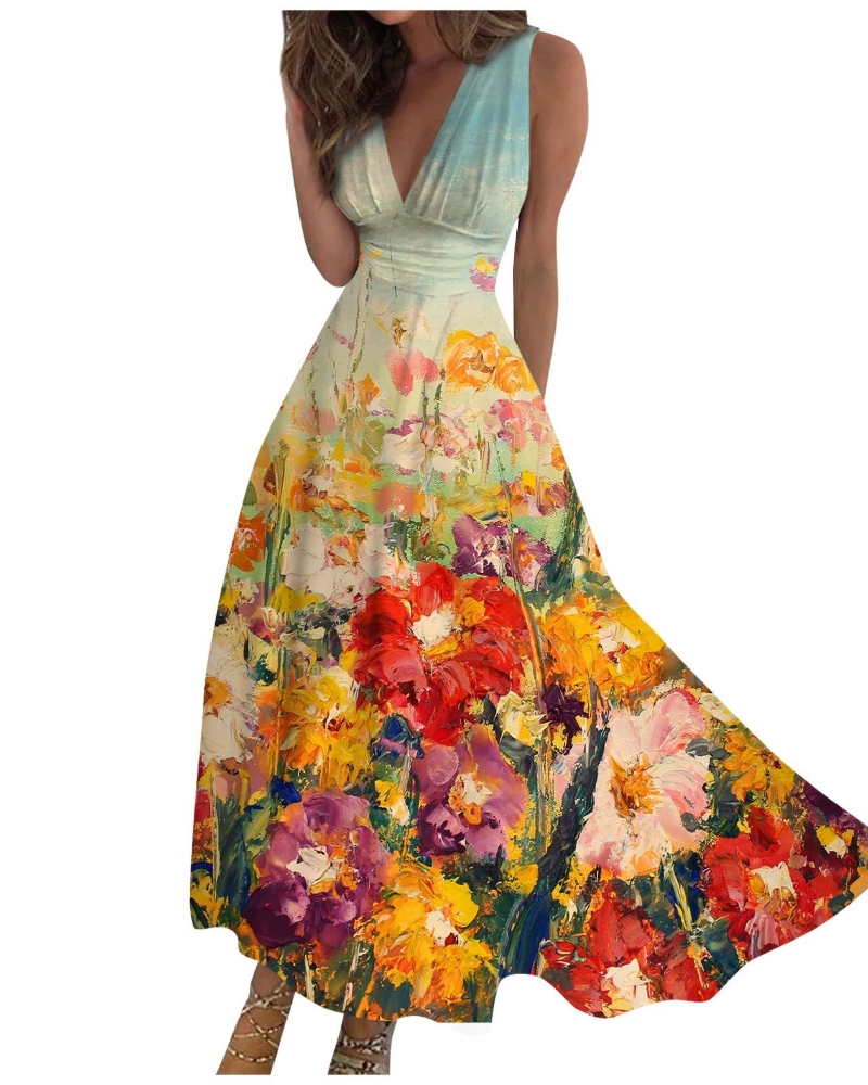 Camille Abito Maxi Donna – Vestito Boho Floreale Smanicato con Scollo a V