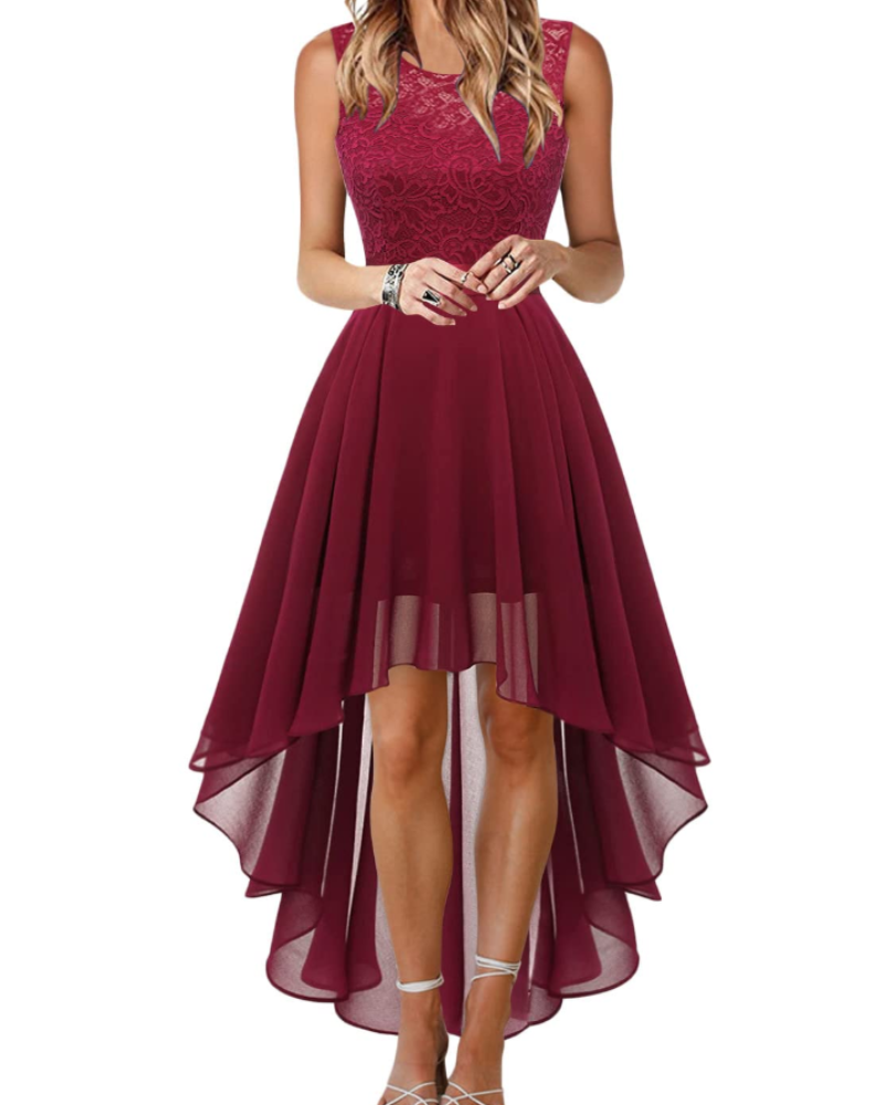 Blaire Robe de Cocktail Femme – Robe Asymétrique en Dentelle et Chiffon avec Ceinture