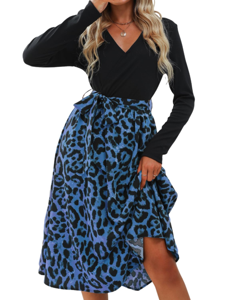 Marissa Abito Midi Donna – Vestito Leopardato con Scollo a V, Cintura e Maniche Lunghe
