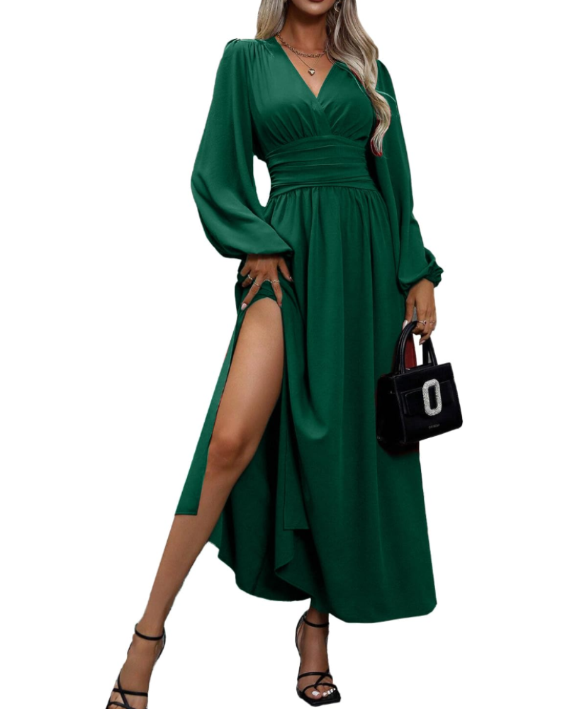 Chelsea Abito Maxi Donna – Vestito Plissettato con Scollo a V e Maniche a Lanterna