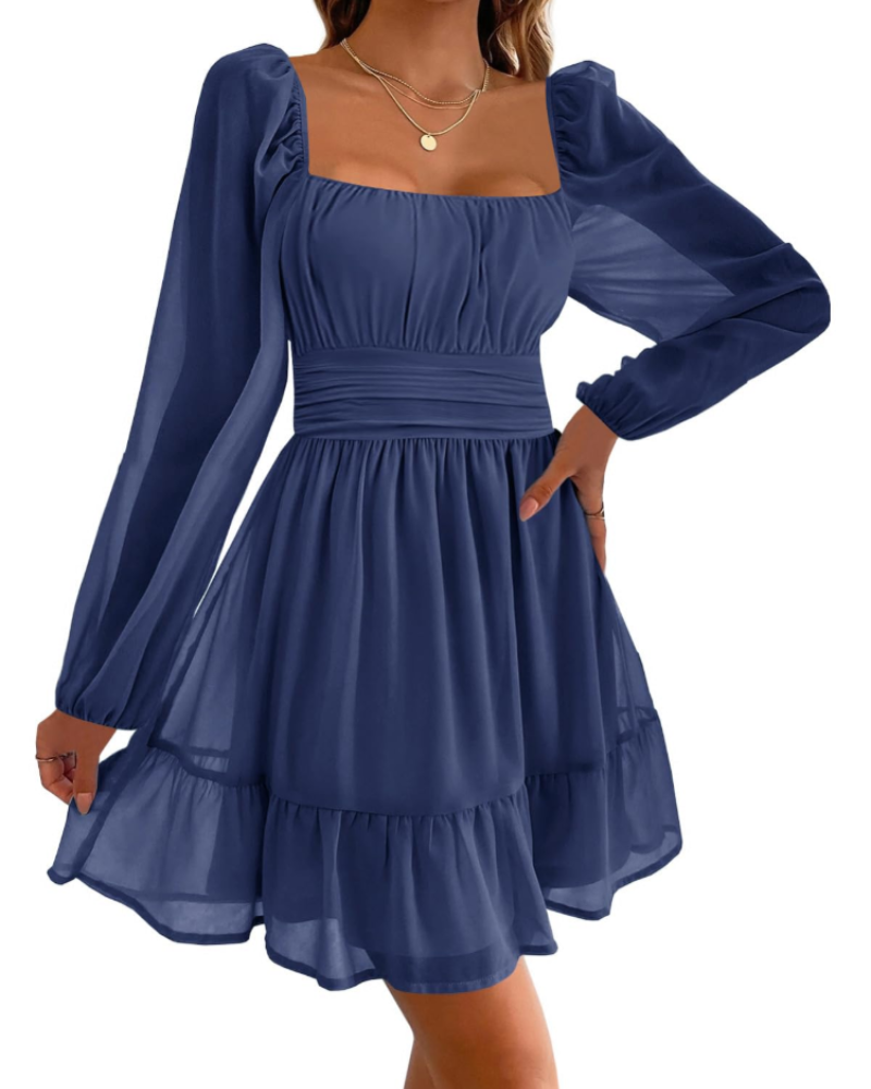 Robe de soirée pour femme Madeline – encolure carrée, manches en tulle et volants