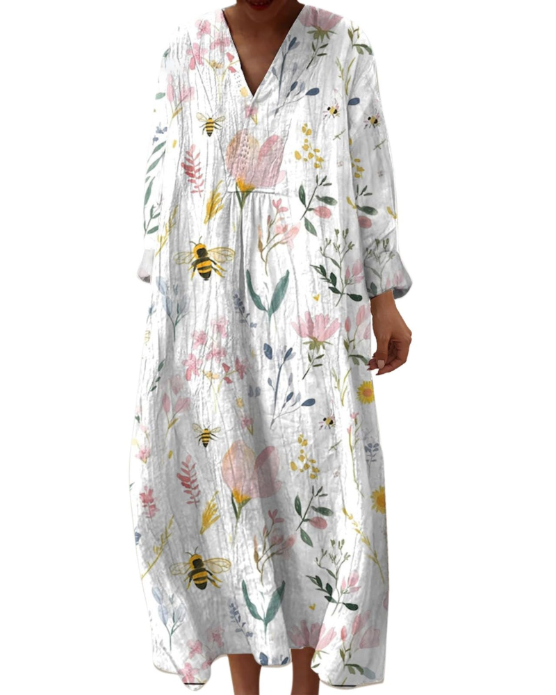 Elena Abito Midi Donna – Vestito Boho Floreale a Linea A con Scollo a V e Maniche Lunghe