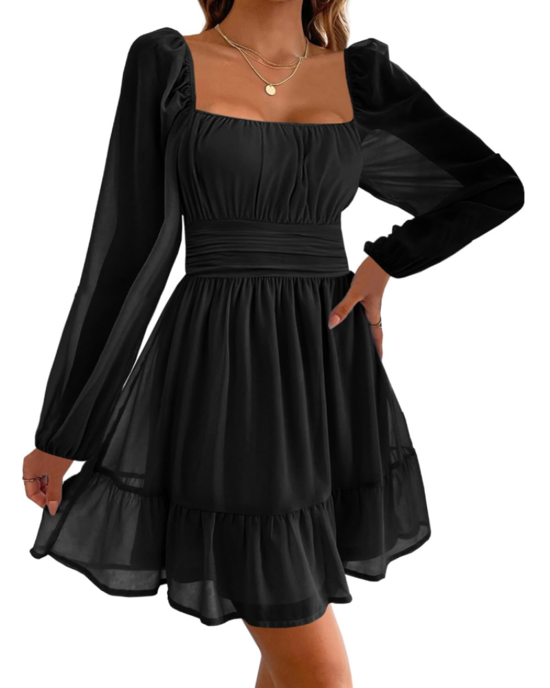 Robe de soirée pour femme Madeline – encolure carrée, manches en tulle et volants