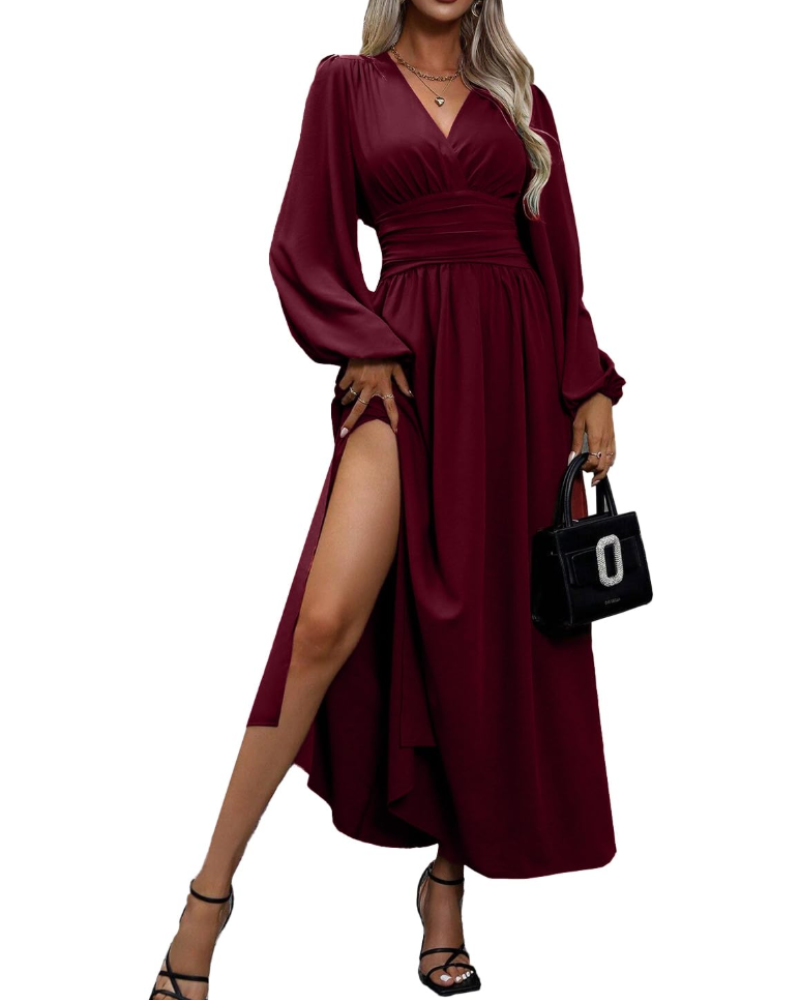 Chelsea Abito Maxi Donna – Vestito Plissettato con Scollo a V e Maniche a Lanterna