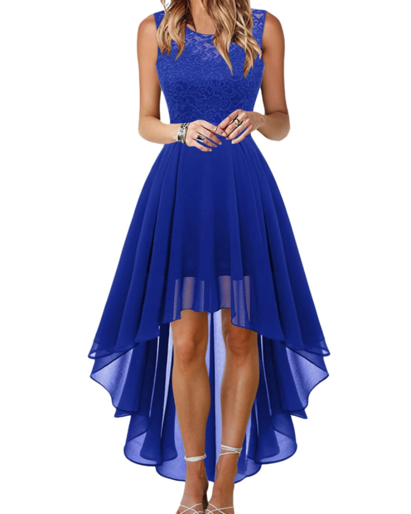 Blaire Robe de Cocktail Femme – Robe Asymétrique en Dentelle et Chiffon avec Ceinture