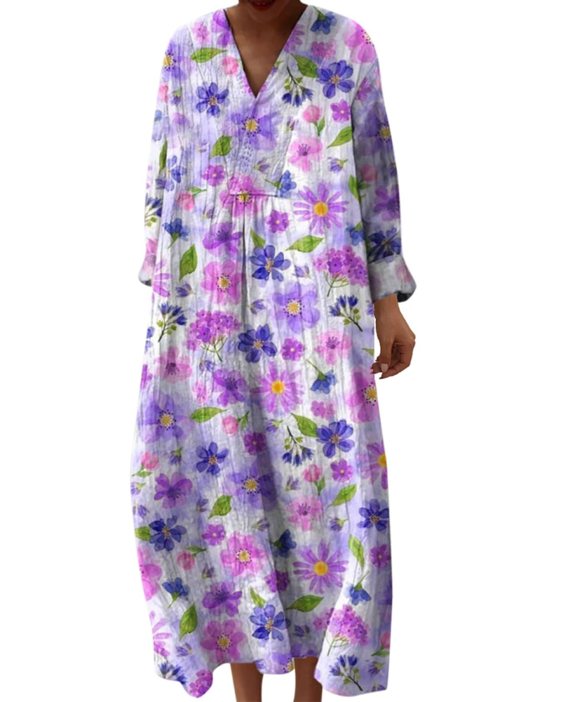 Elena Abito Midi Donna – Vestito Boho Floreale a Linea A con Scollo a V e Maniche Lunghe