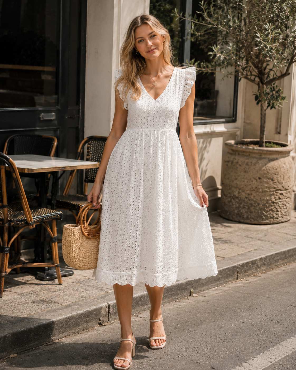 Robe midi Ottilie pour femme en coton – col en V, manches bouffantes et poches