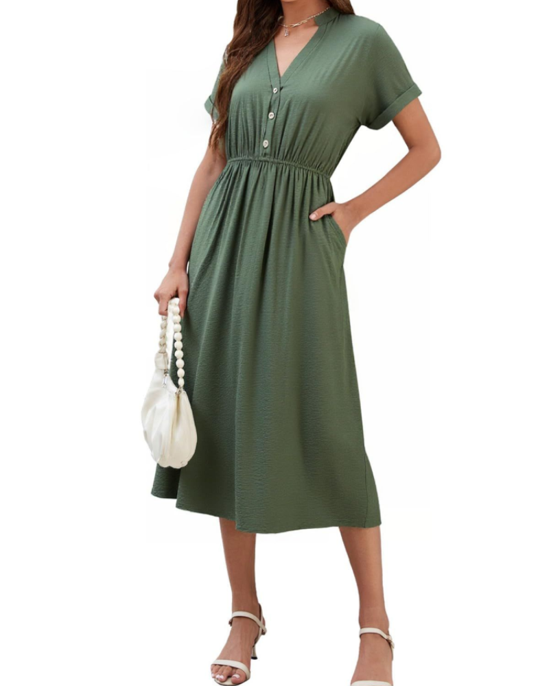 Chloe Damen Sommerkleid – V-Ausschnitt, kurze Ärmel, Knöpfe & Taschen
