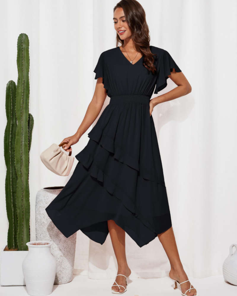Nadine Abito A-Linie Damen – Kleid mit V-Ausschnitt, Volantärmeln & unregelmäßigem Saum