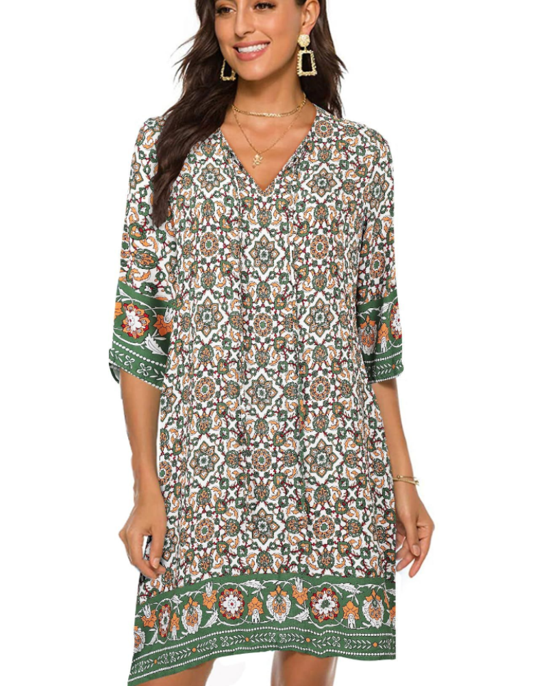 Daphne Damenkleid Boho – Blumenmuster, V-Ausschnitt, 3/4-Ärmel & lockere Passform