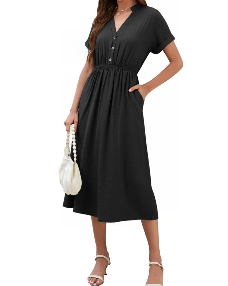 Chloe Damen Sommerkleid – V-Ausschnitt, kurze Ärmel, Knöpfe & Taschen