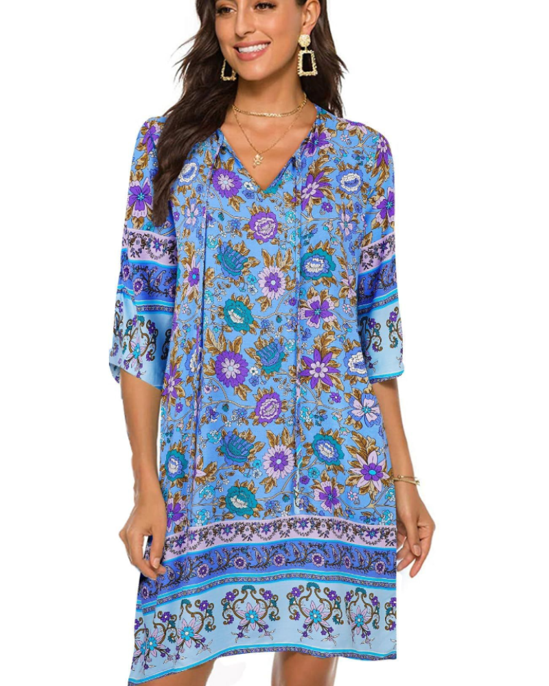 Daphne Damenkleid Boho – Blumenmuster, V-Ausschnitt, 3/4-Ärmel & lockere Passform