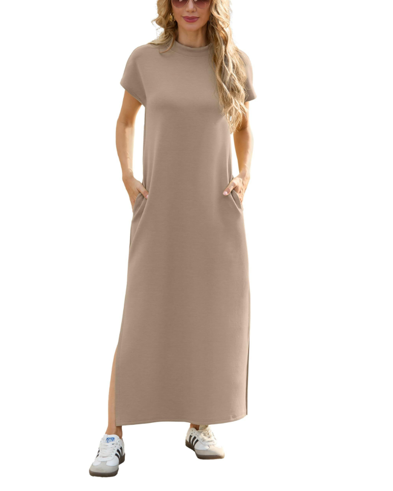 Maya Damen Maxikleid – Stehkragen, seitlicher Schlitz, Taschen & atmungsaktiver Stoff