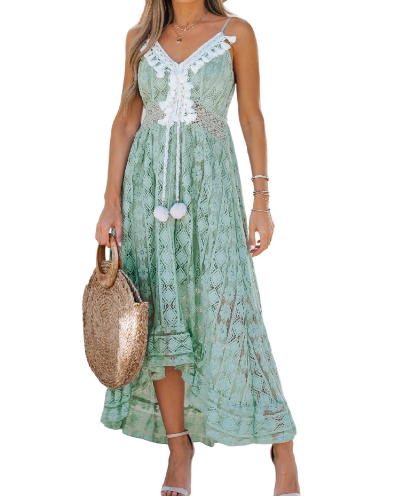 Natalie Damenkleid Boho – V-Ausschnitt, Schnürung, verstellbare Träger & Smok-Passform
