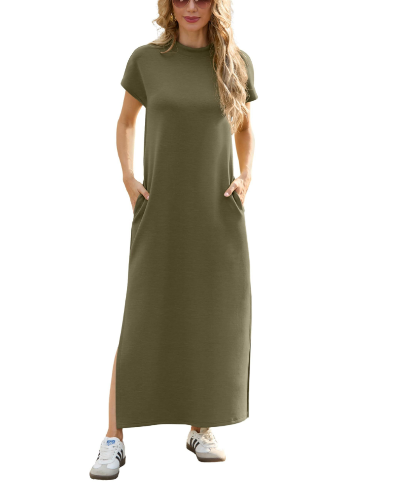 Maya Damen Maxikleid – Stehkragen, seitlicher Schlitz, Taschen & atmungsaktiver Stoff