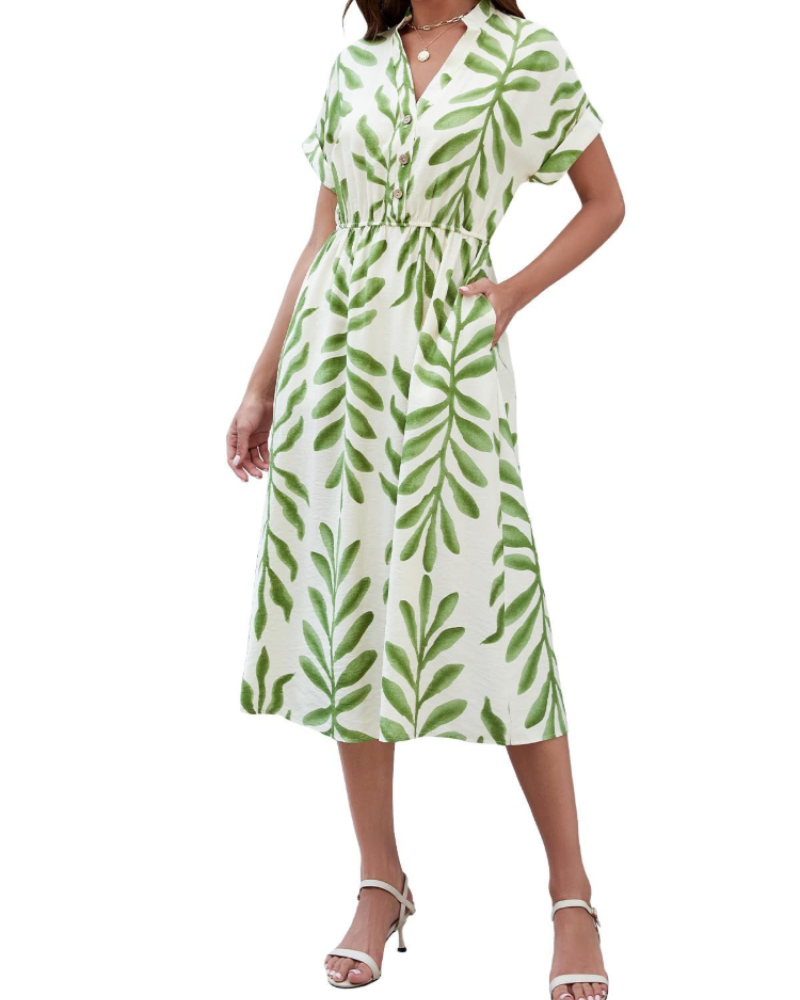 Chloe Damen Sommerkleid – V-Ausschnitt, kurze Ärmel, Knöpfe & Taschen