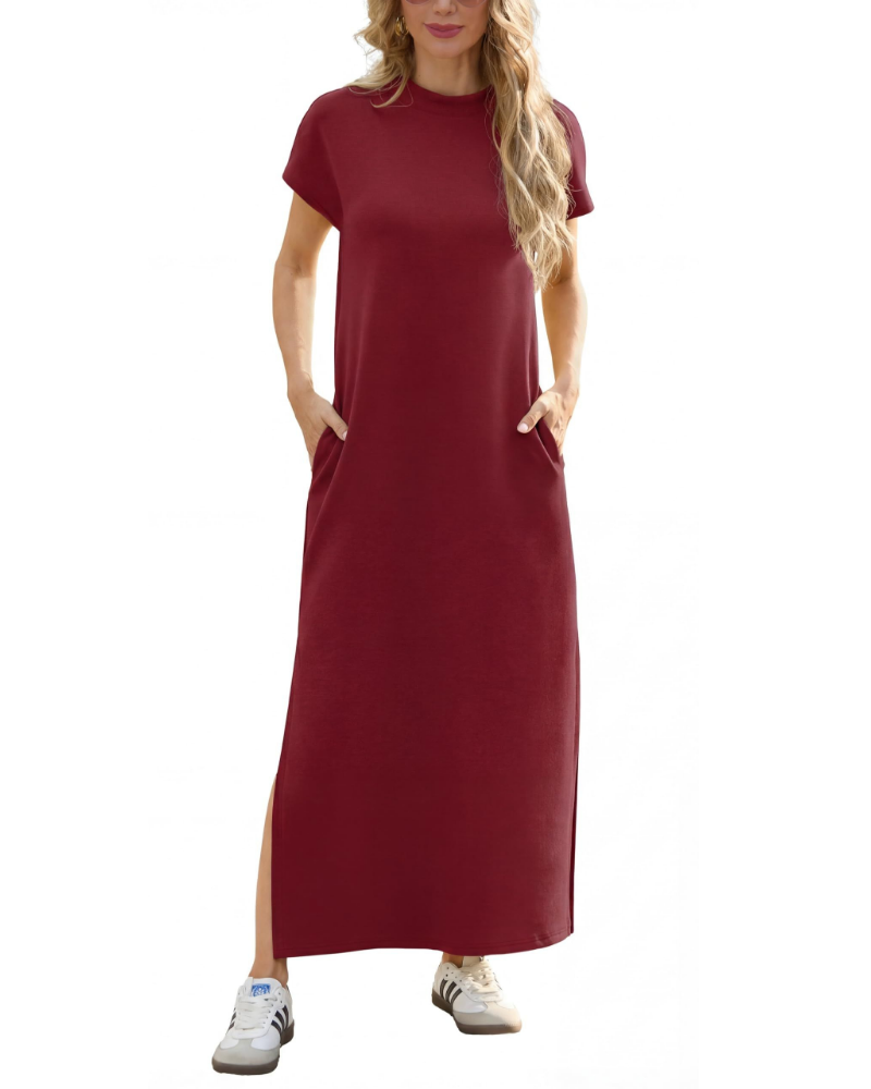 Maya Damen Maxikleid – Stehkragen, seitlicher Schlitz, Taschen & atmungsaktiver Stoff