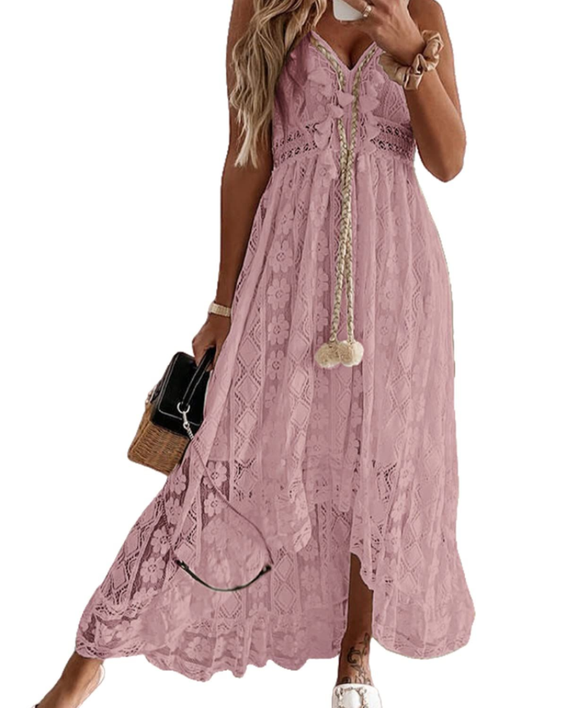 Natalie Damenkleid Boho – V-Ausschnitt, Schnürung, verstellbare Träger & Smok-Passform