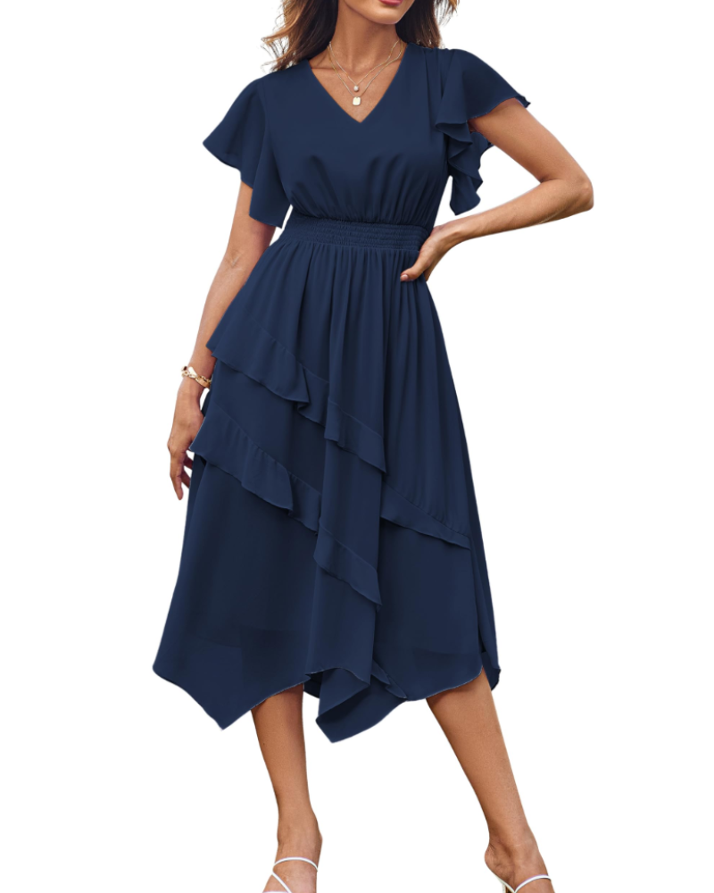 Nadine Abito A-Linie Damen – Kleid mit V-Ausschnitt, Volantärmeln & unregelmäßigem Saum
