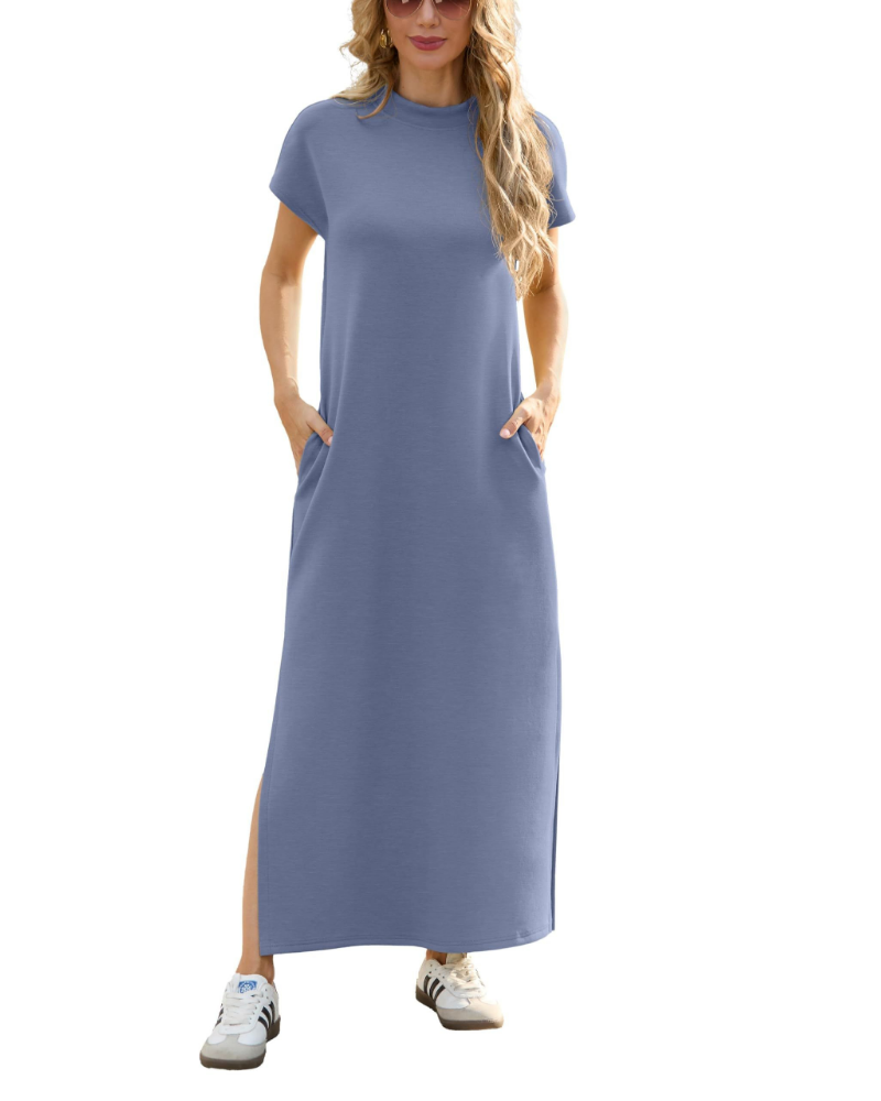 Maya Damen Maxikleid – Stehkragen, seitlicher Schlitz, Taschen & atmungsaktiver Stoff
