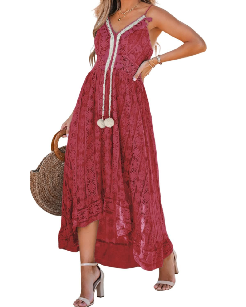 Natalie Damenkleid Boho – V-Ausschnitt, Schnürung, verstellbare Träger & Smok-Passform
