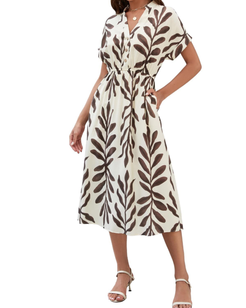 Chloe Damen Sommerkleid – V-Ausschnitt, kurze Ärmel, Knöpfe & Taschen