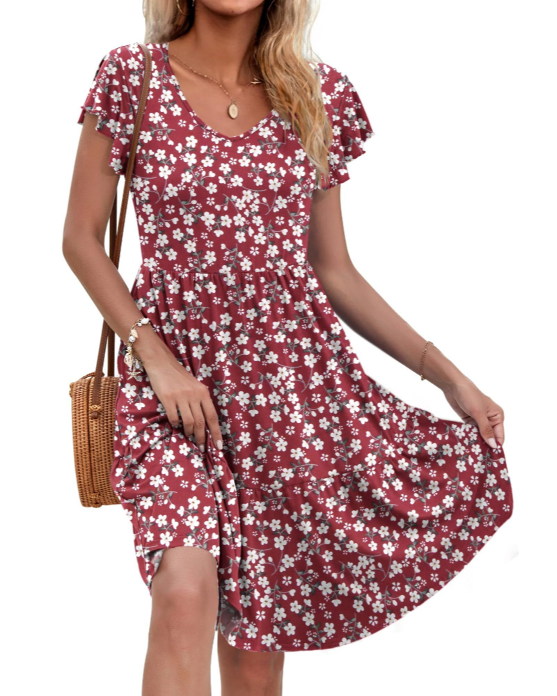 Victoria Damen Midikleid – V-Ausschnitt, Volantärmel, Taschen & A-Linie