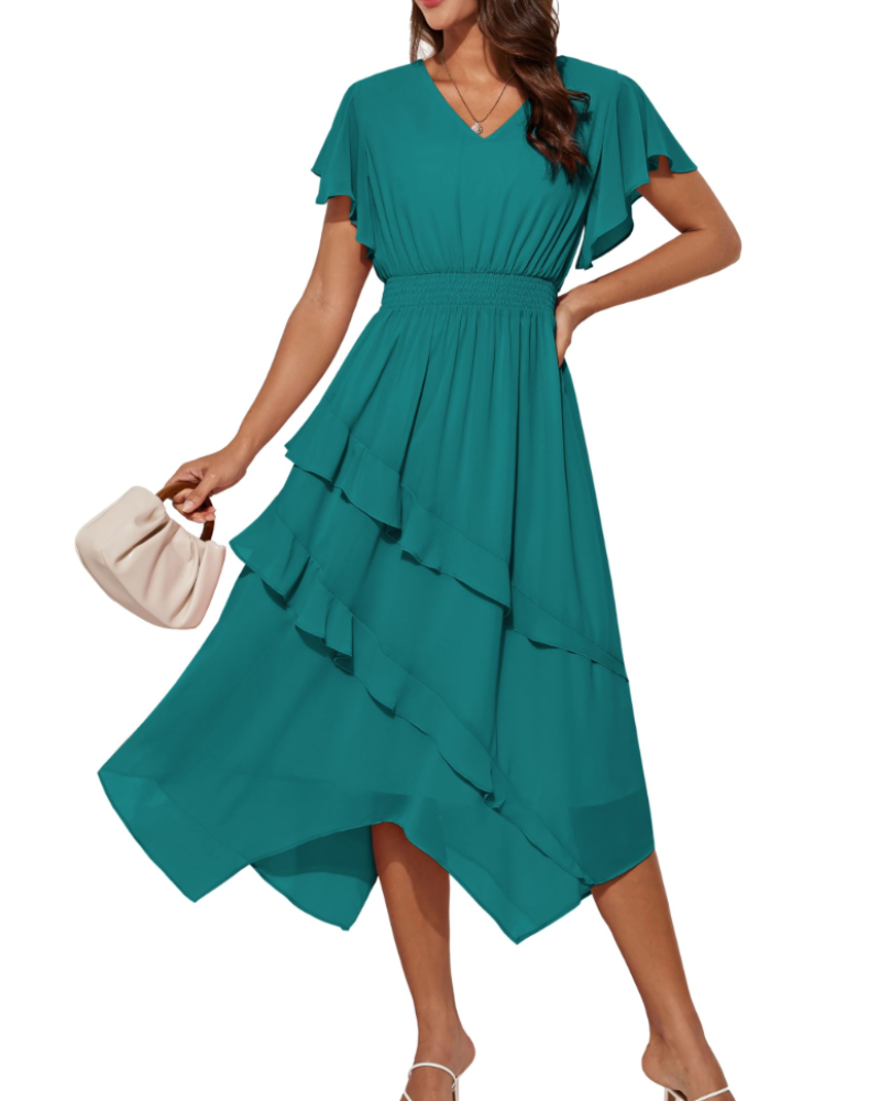 Nadine Abito A-Linie Damen – Kleid mit V-Ausschnitt, Volantärmeln & unregelmäßigem Saum