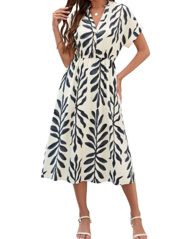 Chloe Damen Sommerkleid – V-Ausschnitt, kurze Ärmel, Knöpfe & Taschen