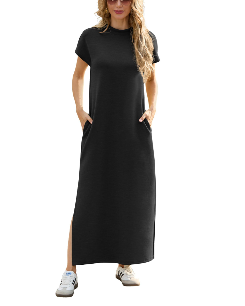 Maya Damen Maxikleid – Stehkragen, seitlicher Schlitz, Taschen & atmungsaktiver Stoff