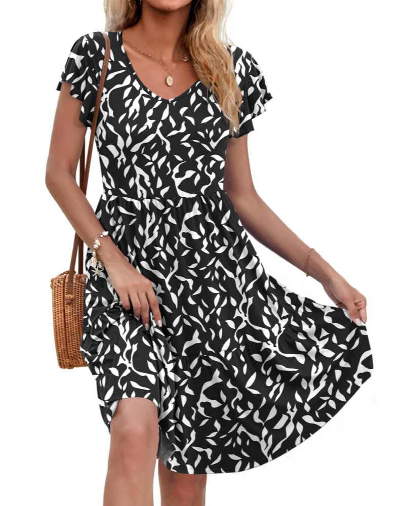 Victoria Damen Midikleid – V-Ausschnitt, Volantärmel, Taschen & A-Linie