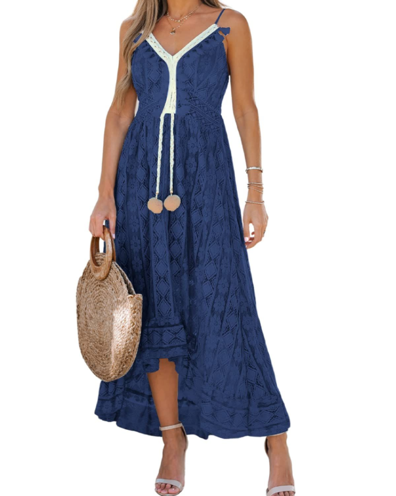 Natalie Damenkleid Boho – V-Ausschnitt, Schnürung, verstellbare Träger & Smok-Passform