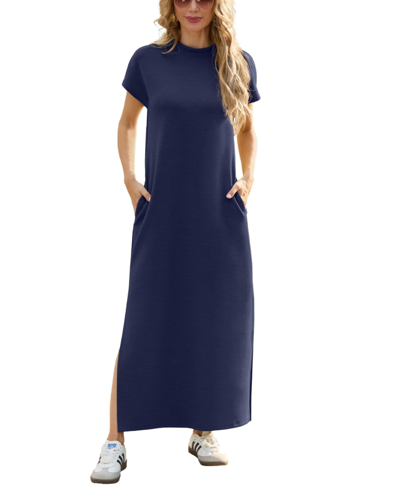 Robe longue pour femme Maya – Col montant, fente latérale, poches et tissu respirant