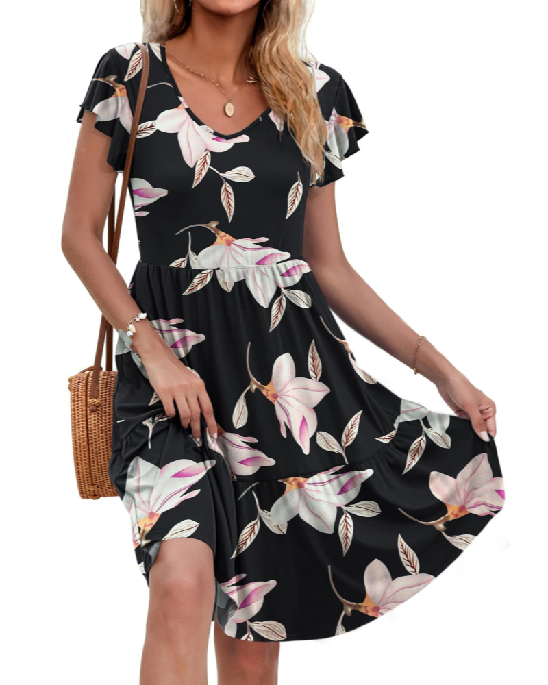 Victoria Damen Midikleid – V-Ausschnitt, Volantärmel, Taschen & A-Linie
