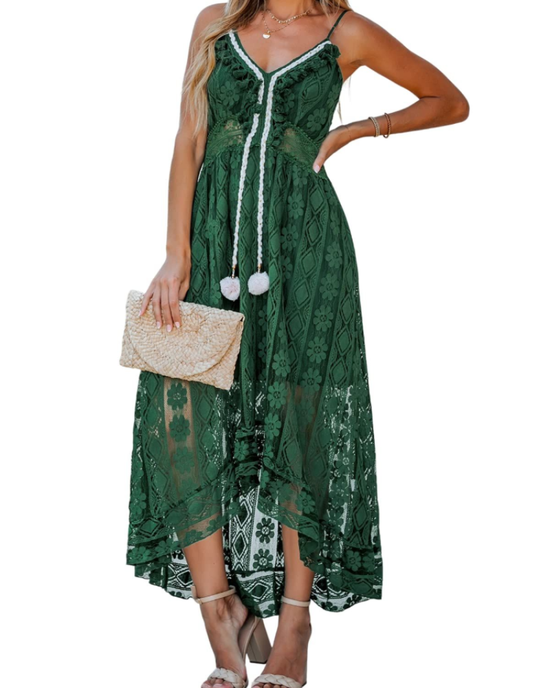 Natalie Damenkleid Boho – V-Ausschnitt, Schnürung, verstellbare Träger & Smok-Passform