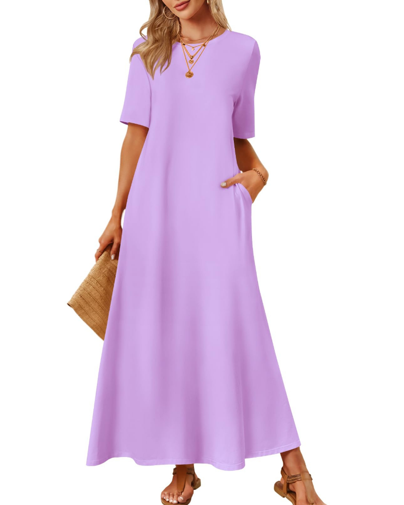 Sophie Abito Femme – Robe Maxi Basique avec Manches Courtes, Col Rond et Poches Latérales
