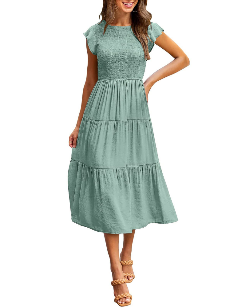 Ella Abito Donna – Vestido midi smock con mangas flutter, cintura alta y falda con volantes