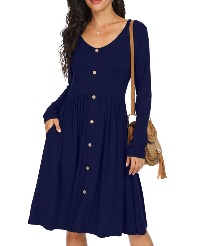 Vestido Charlotte para mujer – Vestido línea A con mangas largas, bolsillos y cintura elástica