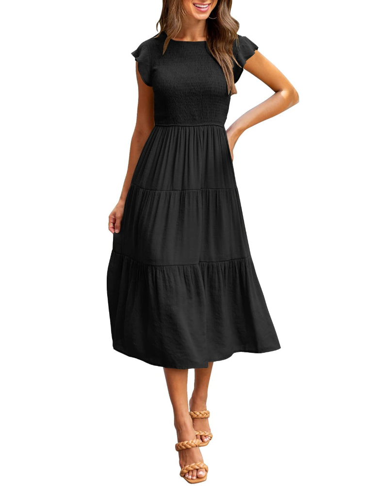 Ella Abito Donna – Vestido midi smock con mangas flutter, cintura alta y falda con volantes
