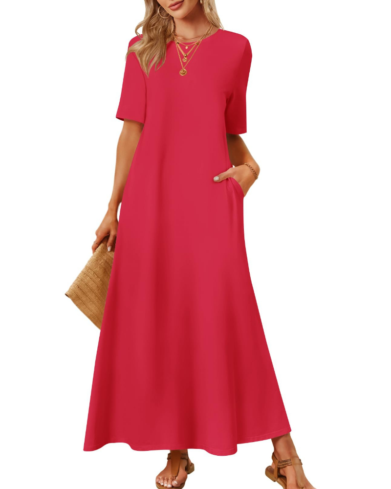 Sophie Abito Femme – Robe Maxi Basique avec Manches Courtes, Col Rond et Poches Latérales