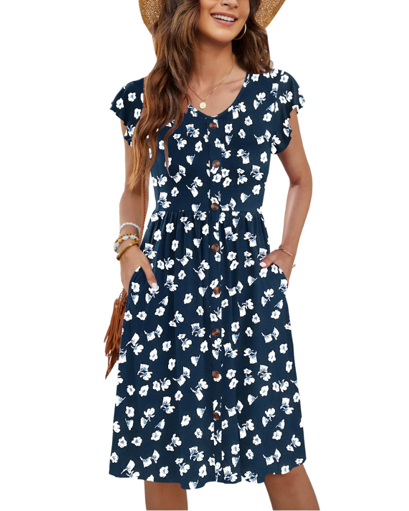 Naomi Damen Midi-Kleid – Sommerkleid mit V-Ausschnitt, Volant-Ärmeln & Taschen