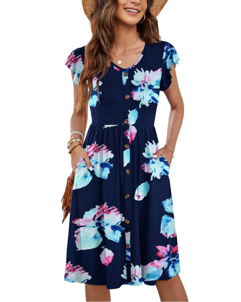 Naomi Damen Midi-Kleid – Sommerkleid mit V-Ausschnitt, Volant-Ärmeln & Taschen