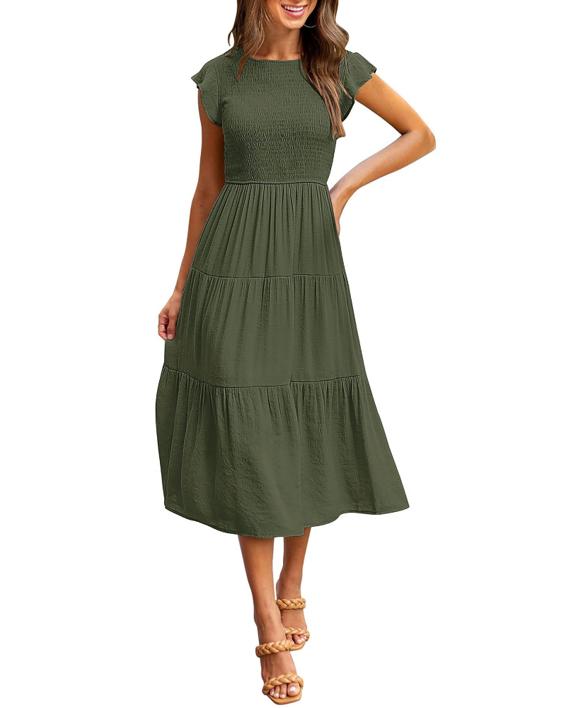Ella Abito Donna – Vestido midi smock con mangas flutter, cintura alta y falda con volantes