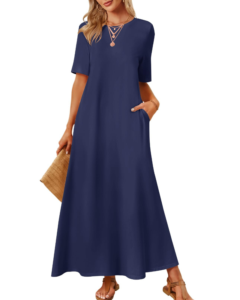 Sophie Abito Femme – Robe Maxi Basique avec Manches Courtes, Col Rond et Poches Latérales