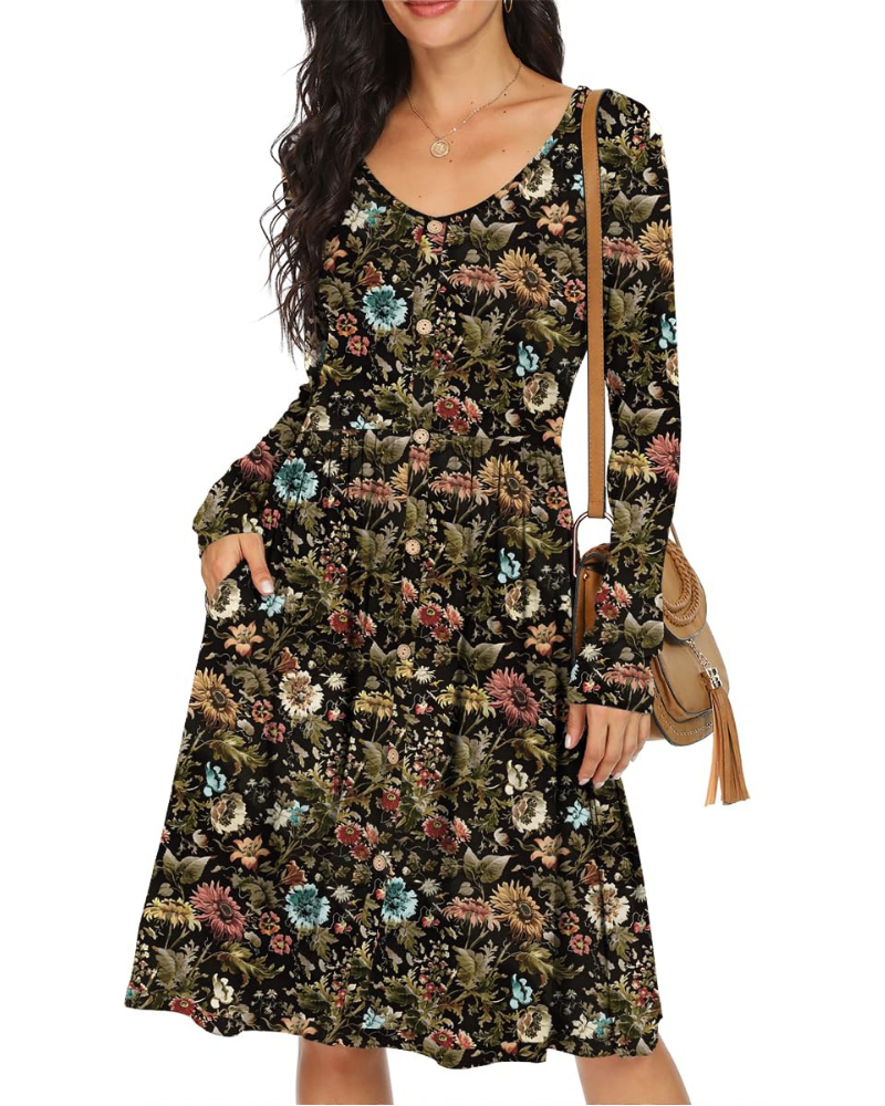 Vestido Charlotte para mujer – Vestido línea A con mangas largas, bolsillos y cintura elástica