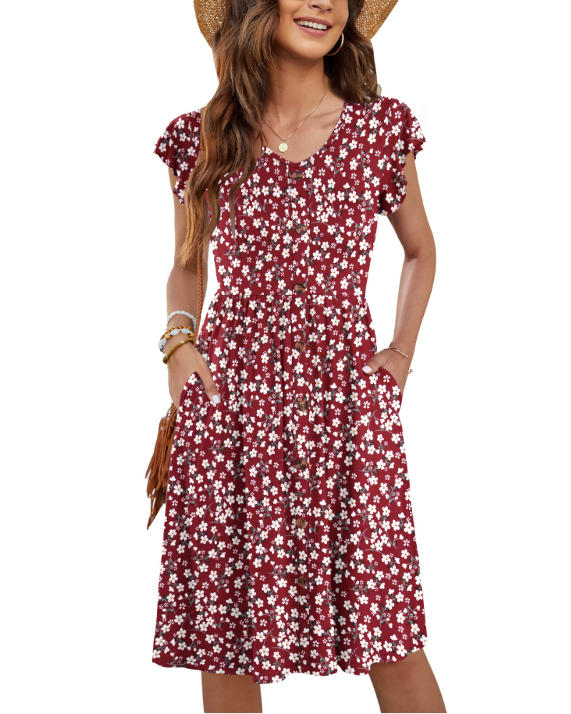Naomi Damen Midi-Kleid – Sommerkleid mit V-Ausschnitt, Volant-Ärmeln & Taschen