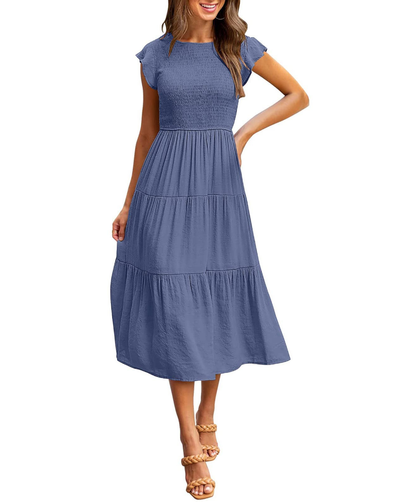 Ella Abito Donna – Vestido midi smock con mangas flutter, cintura alta y falda con volantes